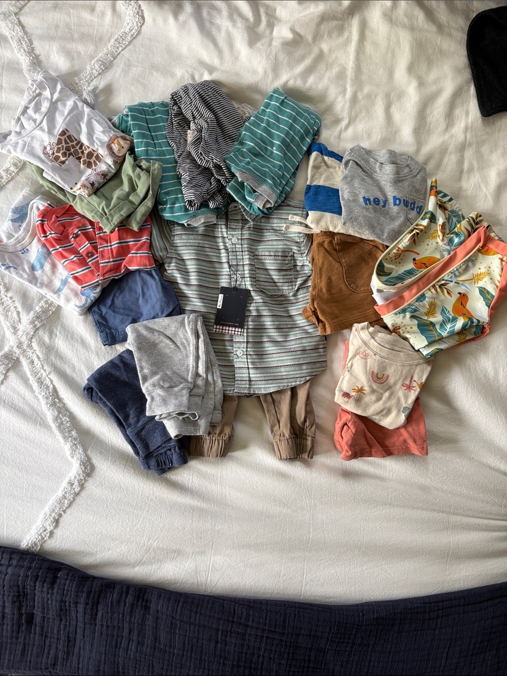 12m baby boy clothing bundle. 3 pair pajamas, 5 outfits, 2pairs pants, 1swimsuit